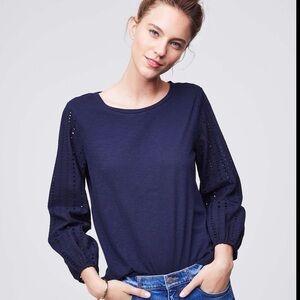 LOFT navy blue top with eyelet long sleeves size Medium